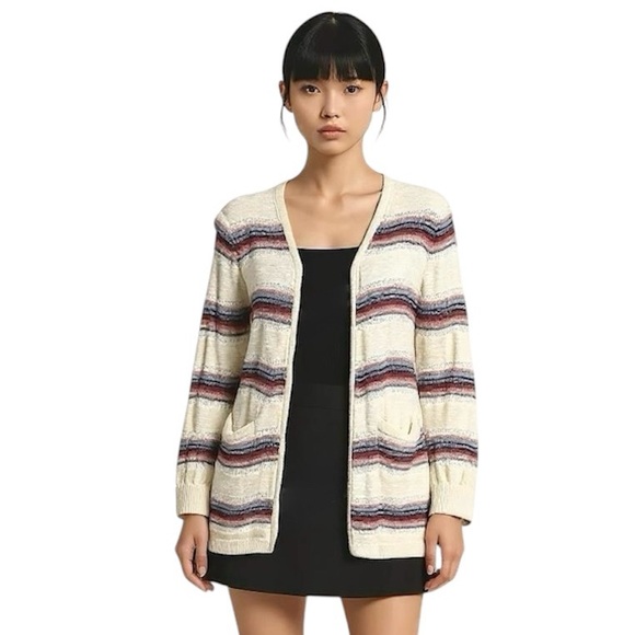 EDDIE BAUER Cream Red Blue Stripe Cotton Long Cardigan Boho Sweater sz Medium - Picture 1 of 7